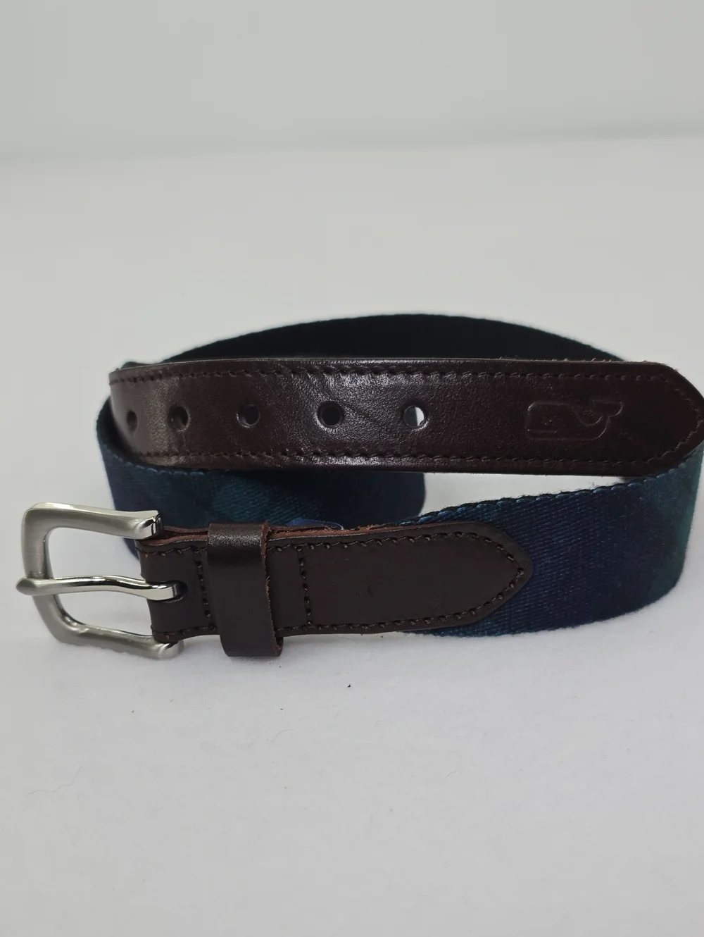 Vineyard Vines Brown Leather Trim Blackwatch Navy Plaid Belt - 28 Waist